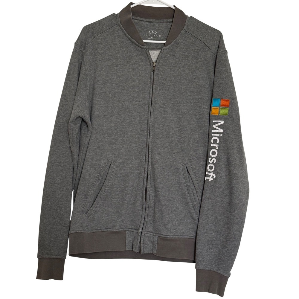 Vantage‎ Microsoft Full Zip Jacket Men's Medium Gray Bomber Style Logo Sleeve